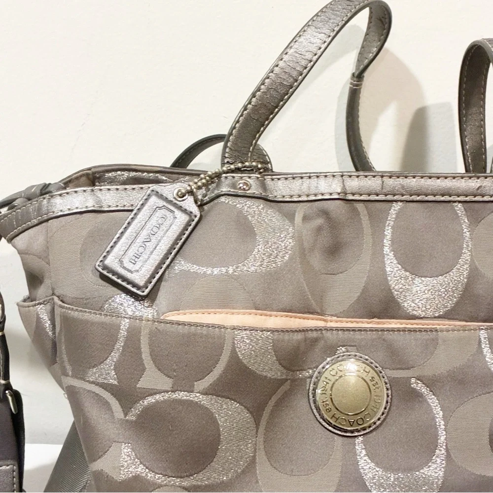 COACH GRAY Signature Stripe Carryall Diaper‎ Bag Canvas Large Tote